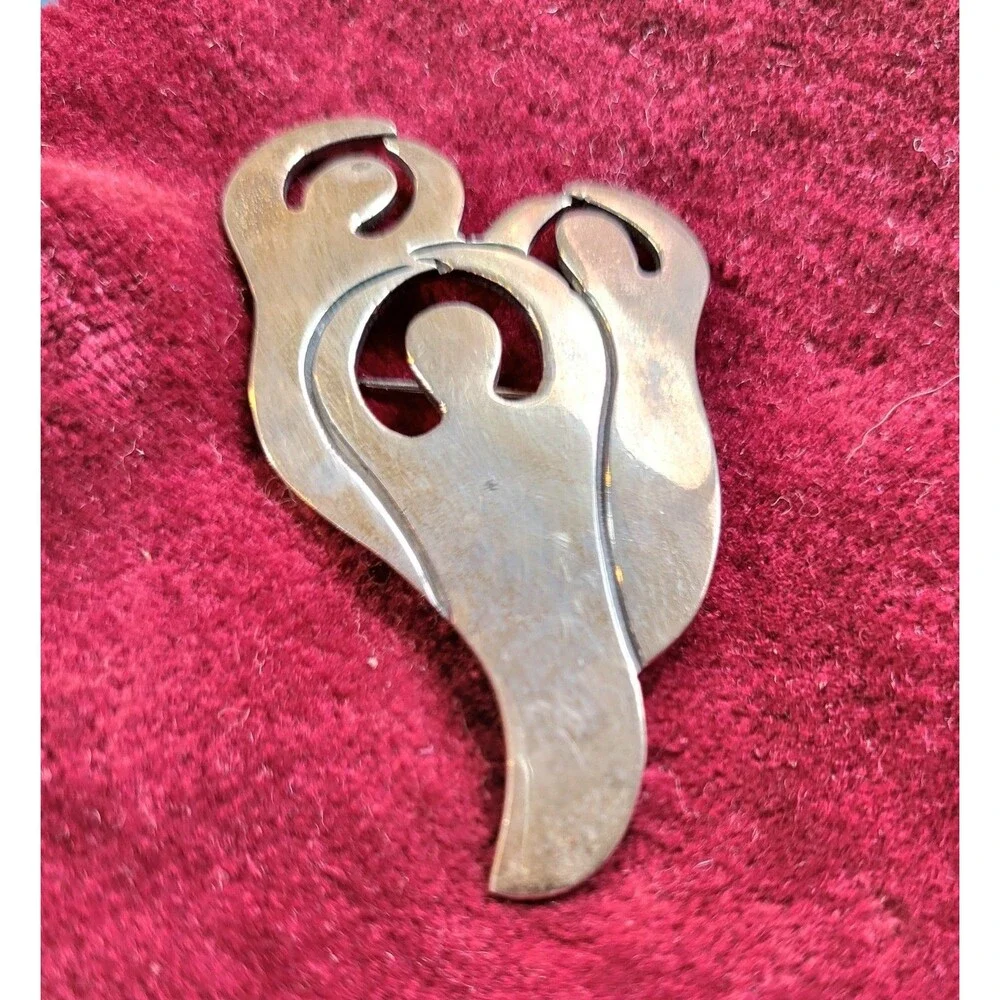 Vintage Sterling Silver Free Spirit Trio Modernist Artisan Signed Brooch Pin